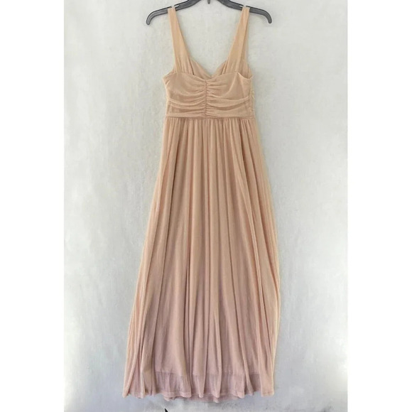 H&M Maxi Dress Womens Sz S Beige Shirred Chiffon Sleeveless Bridesmaid Ruched - Picture 2 of 7